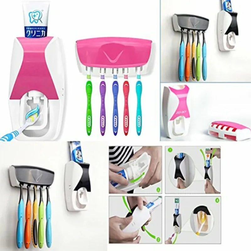 Toothpaste Dispenser Set with Wall-Mounted Toothbrush Holder