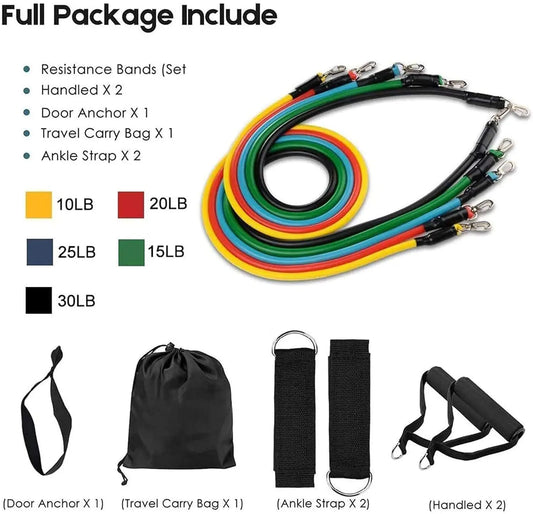Resistance band set with various weights and accessories on a white background
