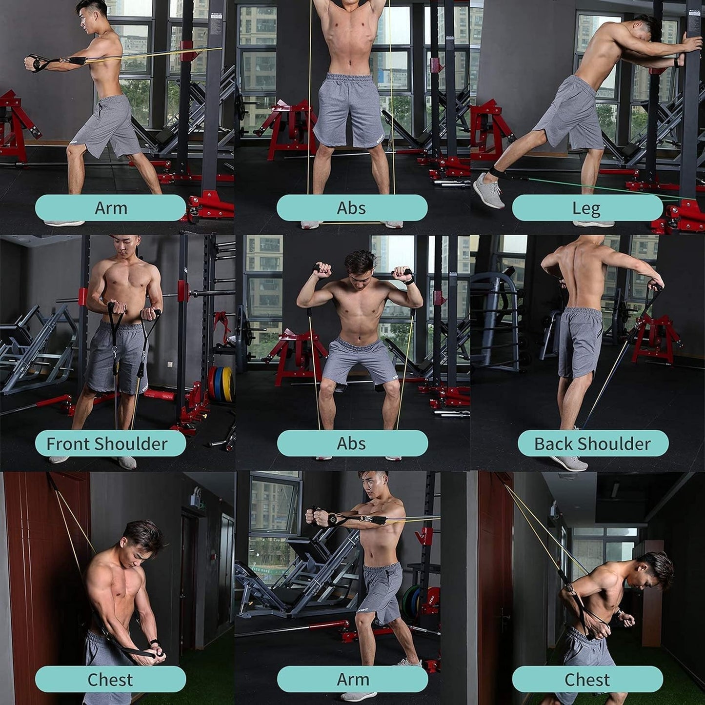 Gym setting with a person performing various exercises targeting different body parts.