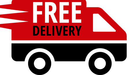 hunt pk Red delivery truck icon with 'FREE DELIVERY' text on a white background