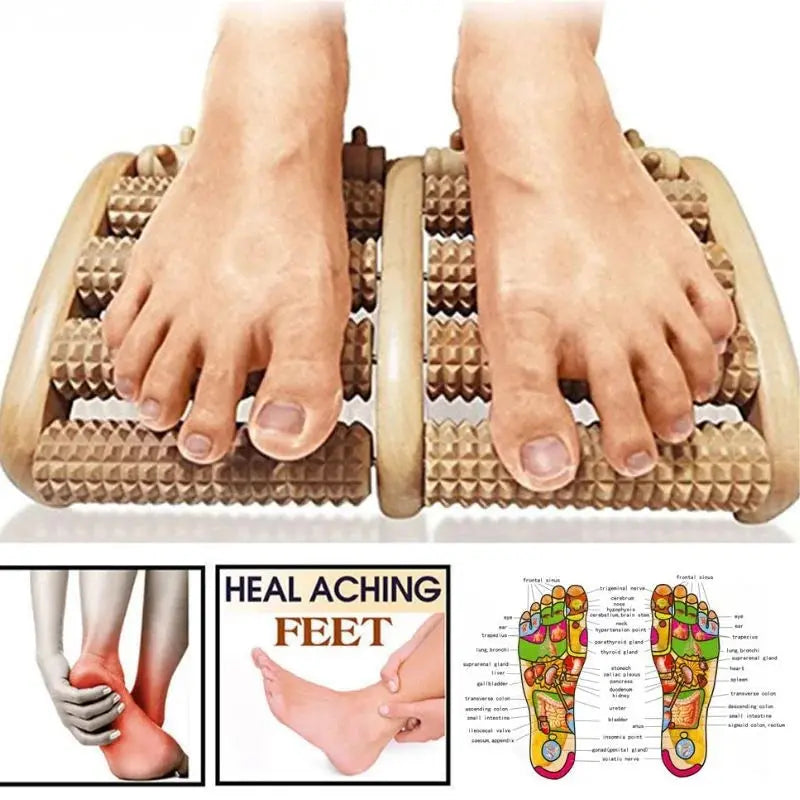 Wooden foot roller massager being used for foot pain relief