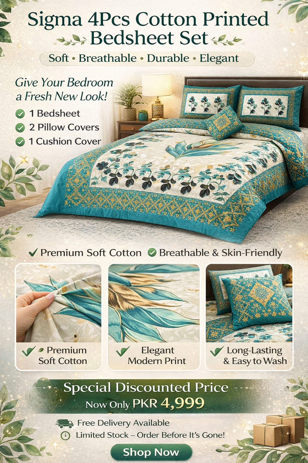 Sigma 4Pcs Cotton Printed Bedsheet Set