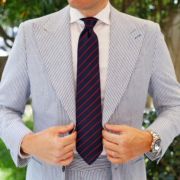 Harvard Stride Navy-Red Tie & Pocket Square Set | Premium Men’s Formal Striped Tie | Classic Navy & Red Design