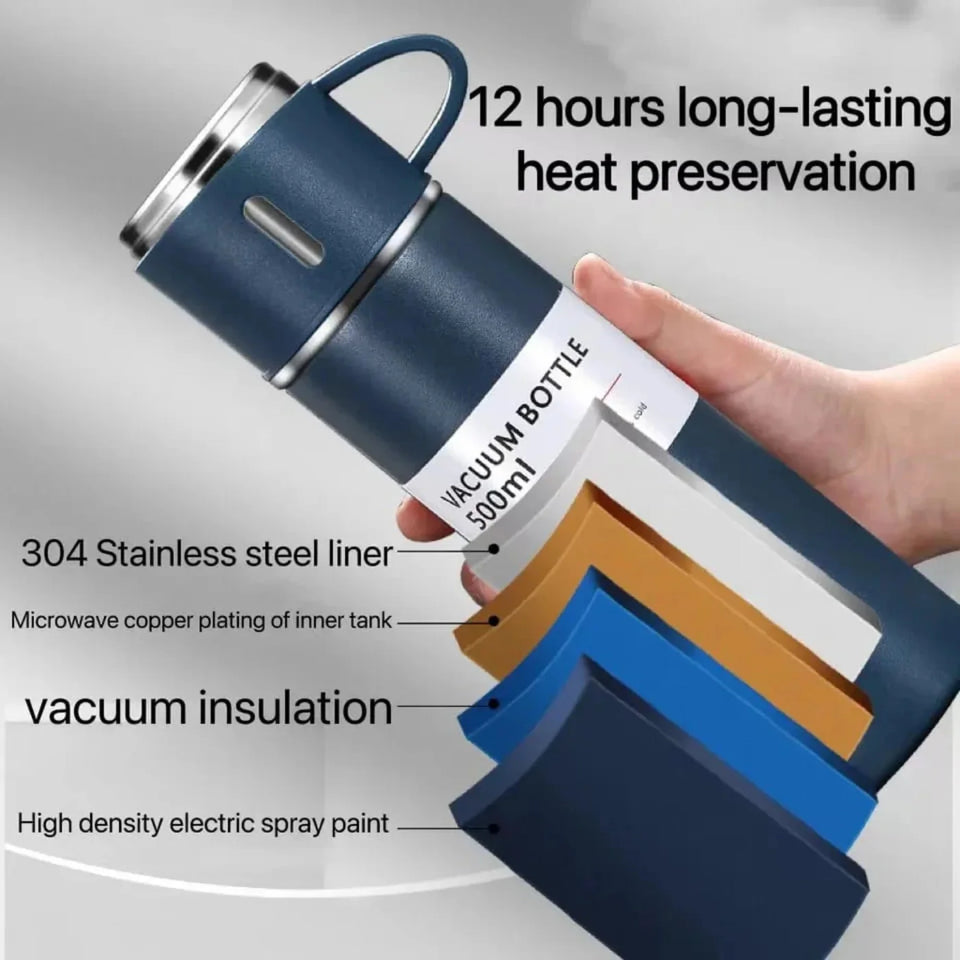 3-Cup 500ML Stainless Steel Vacuum Flask Set | Double Wall Insulated Thermos for Hot & Cold Drinks