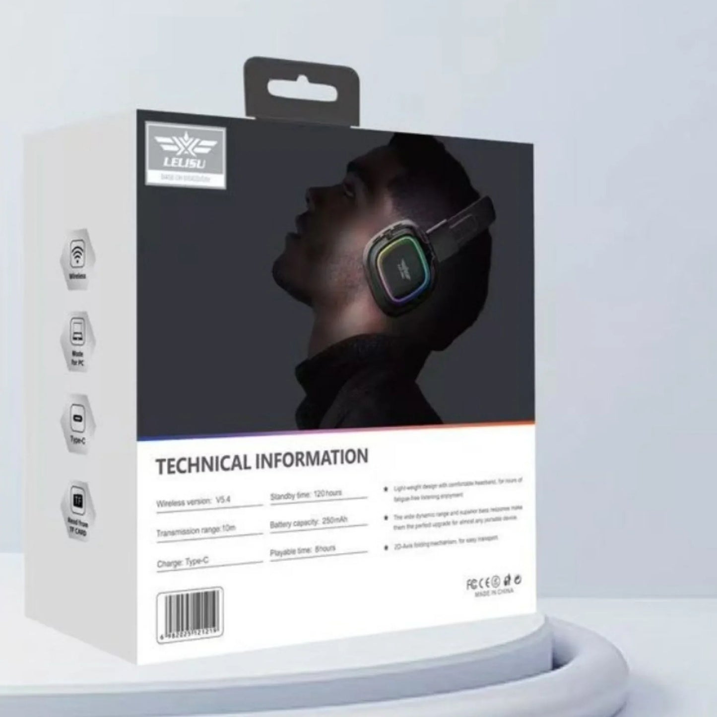 Lelisu LS-258 Wireless Stereo Headphones | Bluetooth 5.4 Over-Ear Headset with Type-C Charging & LED Lights