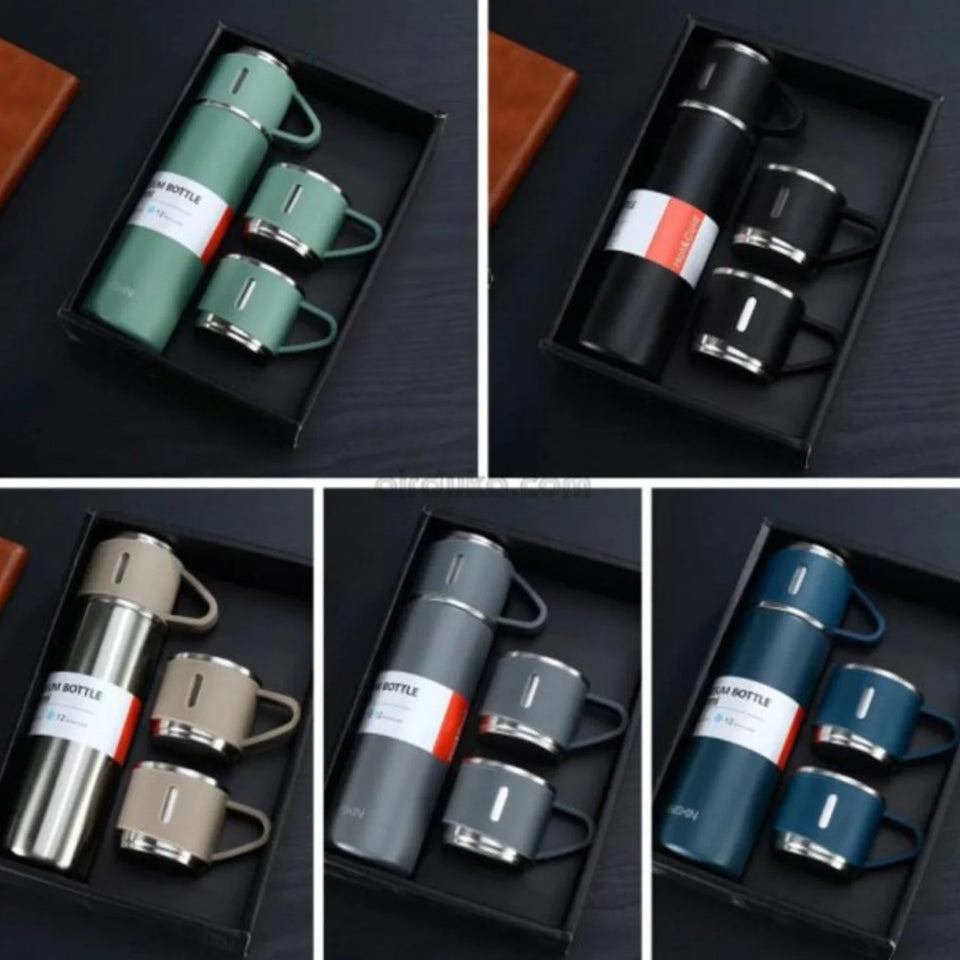 3-Cup 500ML Stainless Steel Vacuum Flask Set | Double Wall Insulated Thermos for Hot & Cold Drinks