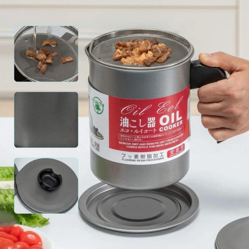 1.4L Fryer Oil Filter Pot with Stainless Steel Strainer – Heatproof, Rust-Resistant & Safe Oil Storage