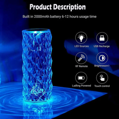 16-Color Diamond Rose Crystal Touch Lamp LED Night Light for Home Decor & Gifts
