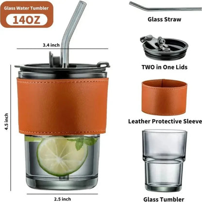 Bamboo Joint Glass Cup with Lid & Straw