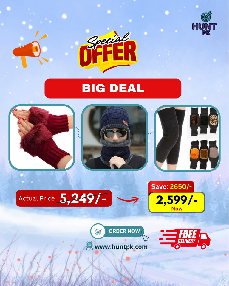 3 in 1 pkg | Women’s Faux Fur Fingerless Knitted Gloves | Woolen Knee Warmer Pads for Men & Women | Winter Wool Cap with Neck Warmer Set