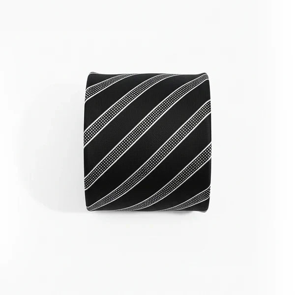 Black Label Diagonal Tie & Pocket Square Set | Premium Men’s Formal Black Tie | Classic Diagonal Stripe Design