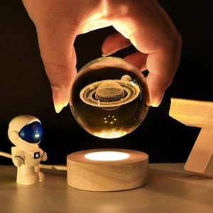 3D Galaxy Crystal Ball Night Light | Laser-Engraved K9 Crystal LED Lamp with Wooden Base