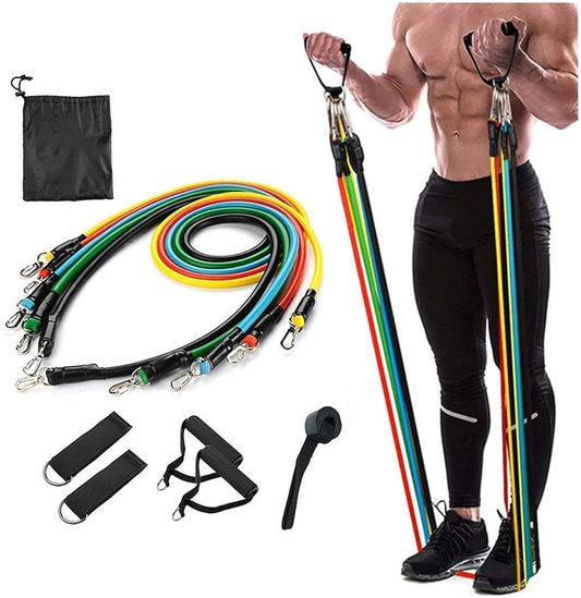 Resistance bands set with a person using them on a white background