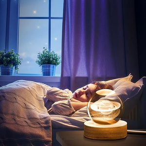3D Galaxy Crystal Ball Night Light | Laser-Engraved K9 Crystal LED Lamp with Wooden Base