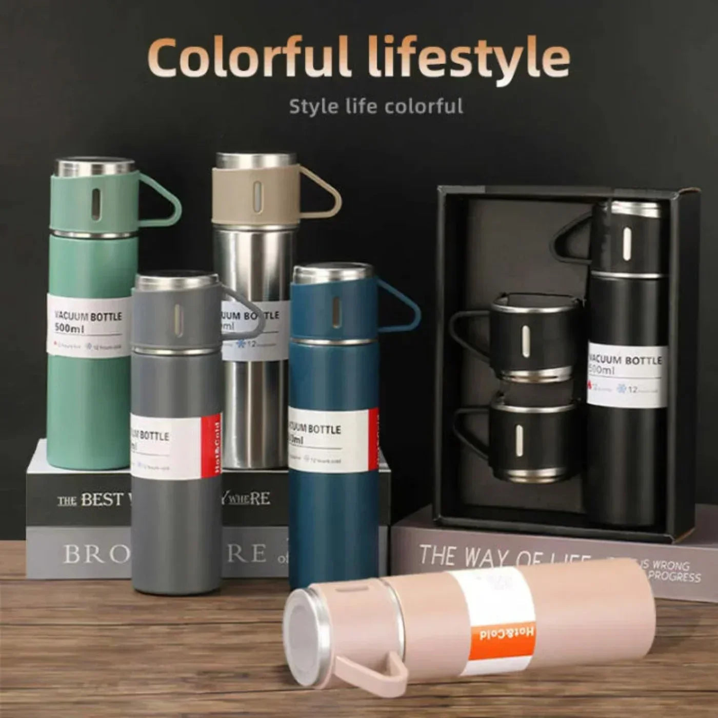 3-Cup 500ML Stainless Steel Vacuum Flask Set | Double Wall Insulated Thermos for Hot & Cold Drinks