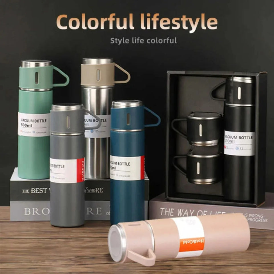 3-Cup 500ML Stainless Steel Vacuum Flask Set | Double Wall Insulated Thermos for Hot & Cold Drinks