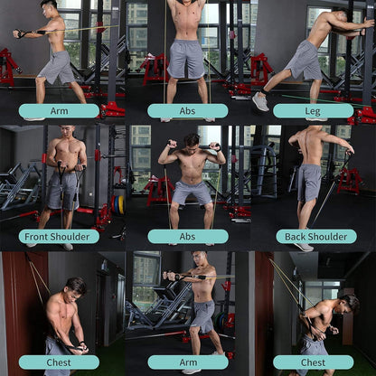 Gym setting with a person performing various exercises targeting different body parts.