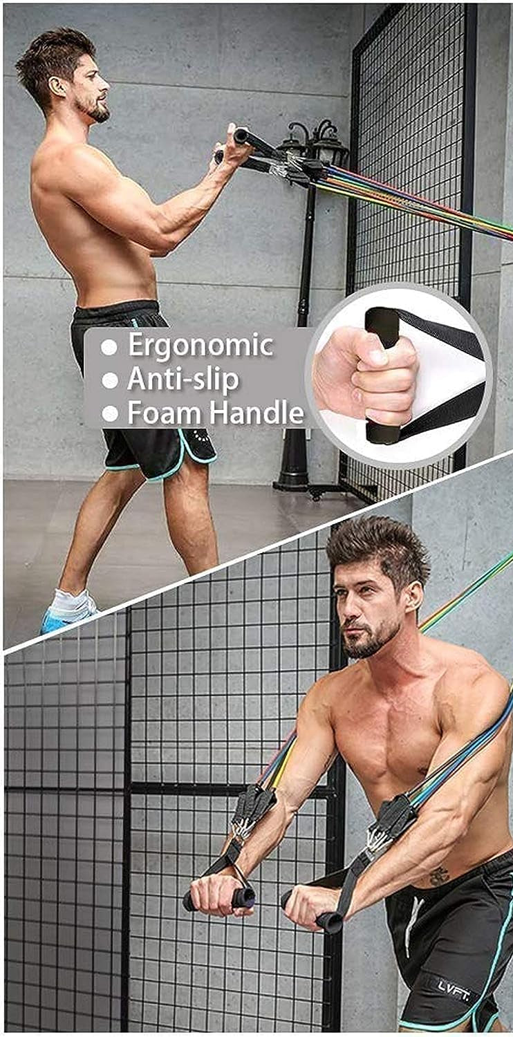 Collage of a man using resistance bands with product features highlighted.