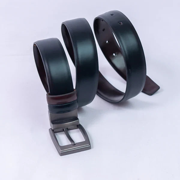 Black & Chocolate Brown Imported Reversible Belt | Double-Sided Matt Finish Strap with Elegant Metal Buckle