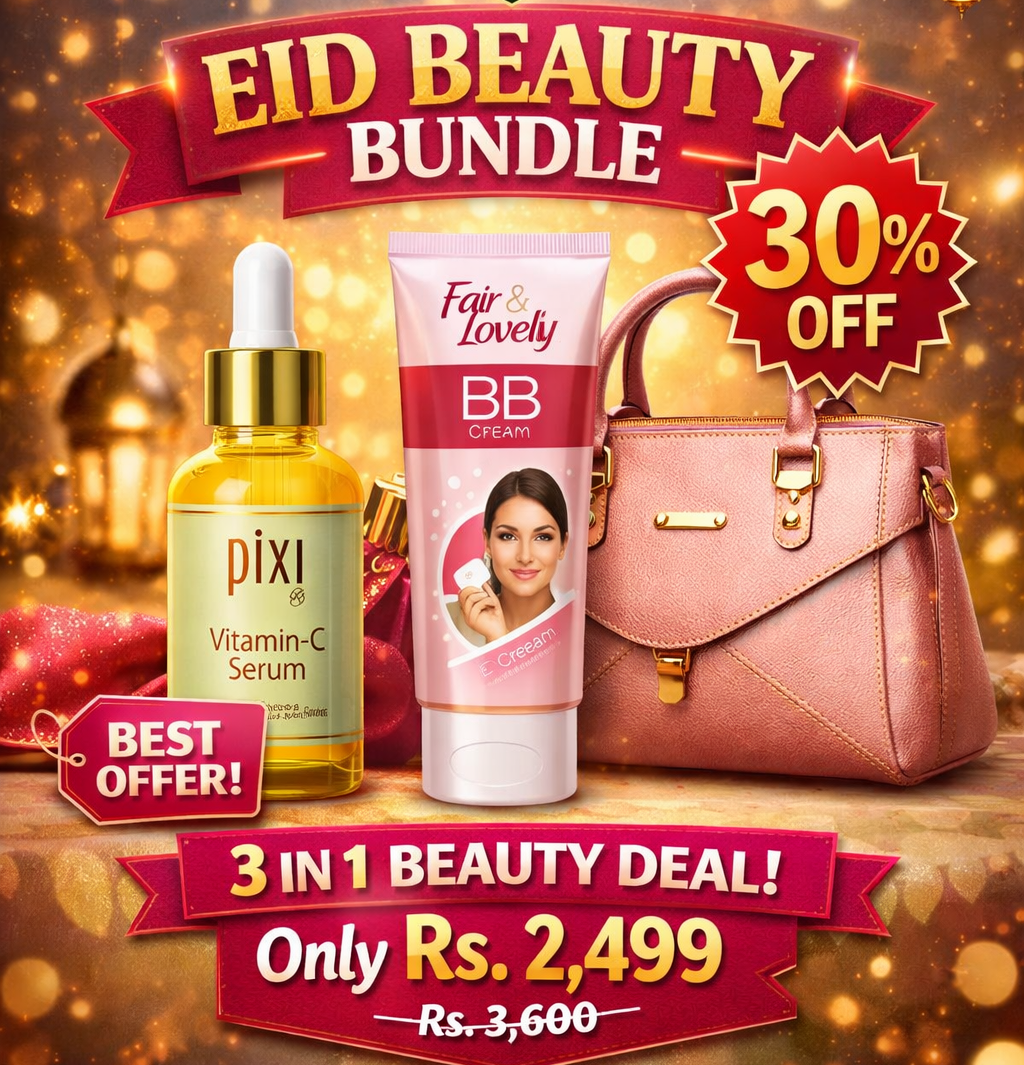 Advertisement for HuntPK.com Eid Beauty Bundle with skincare products and a handbag on a festive background.