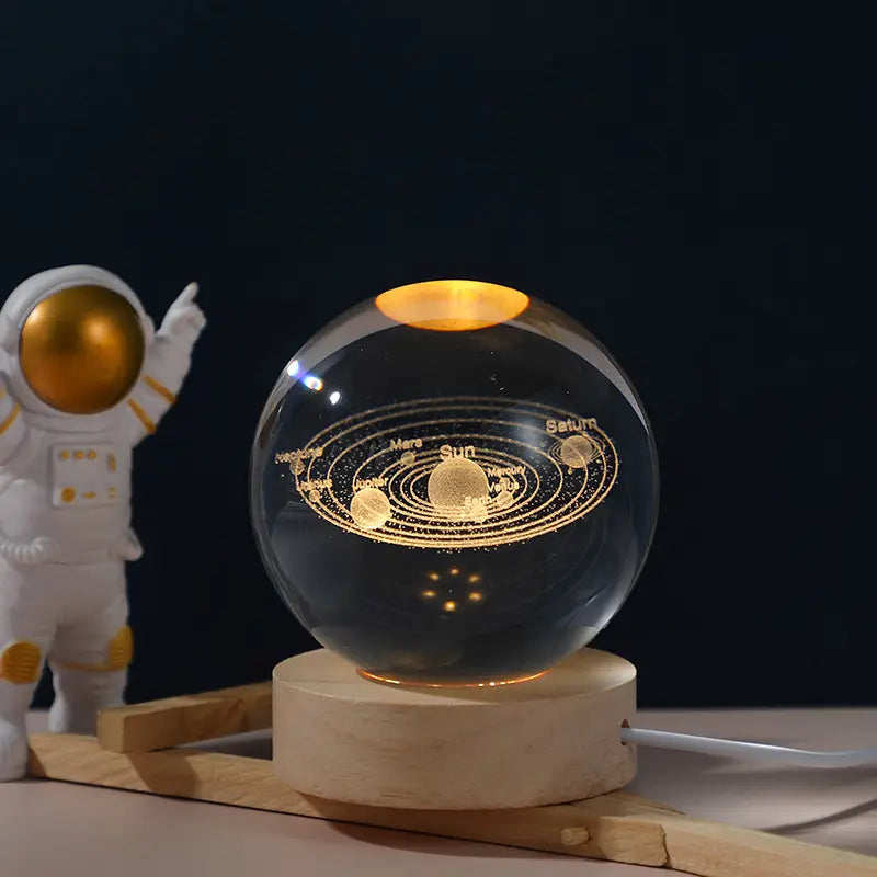 3D Galaxy Crystal Ball Night Light | Laser-Engraved K9 Crystal LED Lamp with Wooden Base