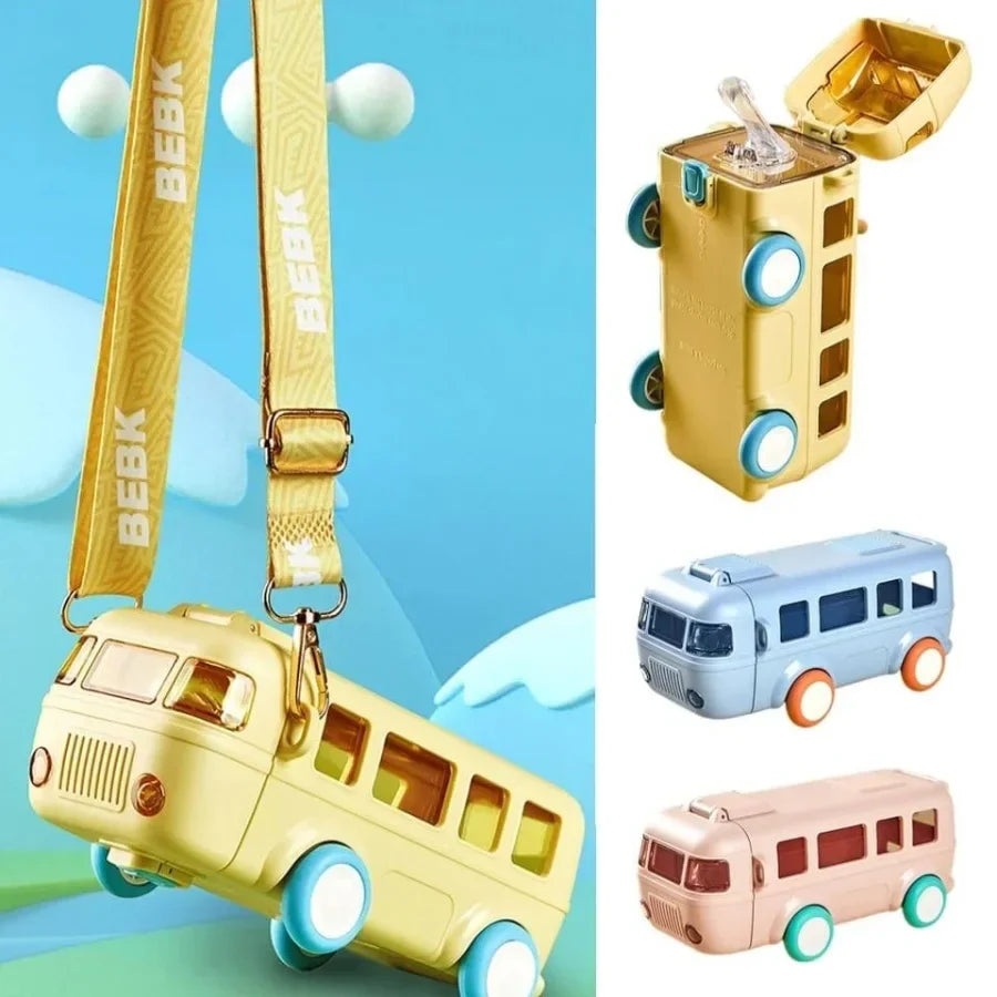 Hunt PK Gold toy bus with a strap, open toy bus, and two smaller toy buses on a colorful background.
