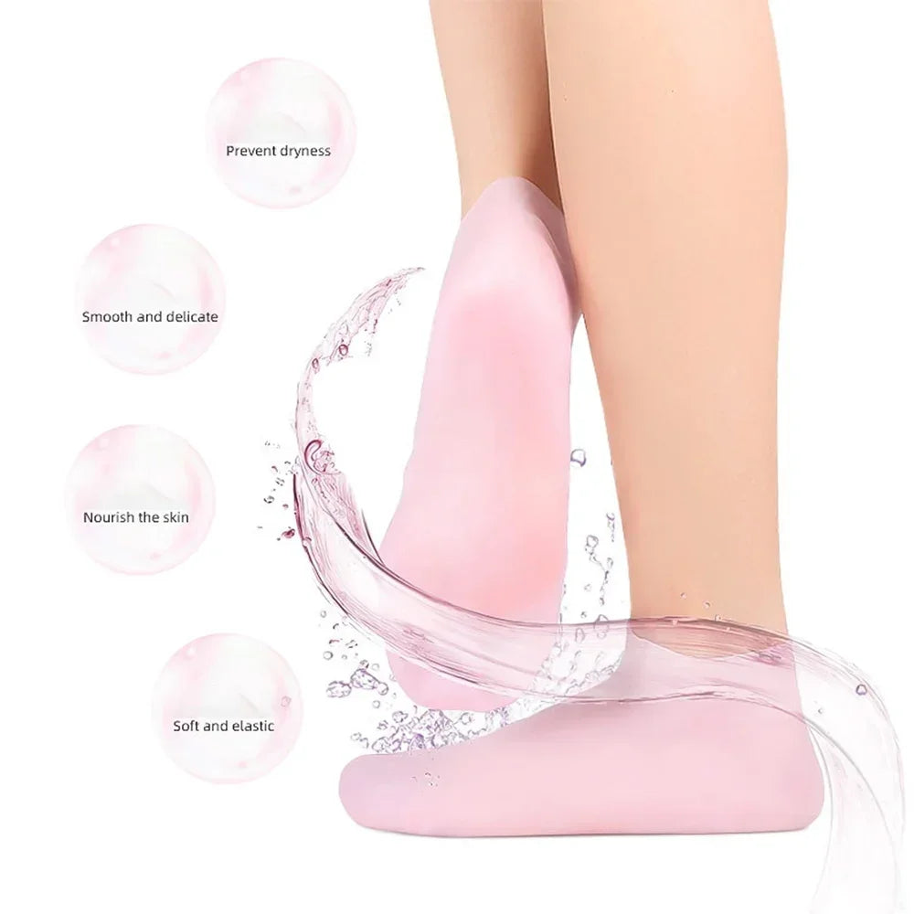 Pink foot care product with text on a white background