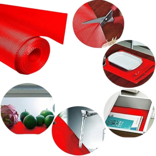 Red mesh screen with scissors, a car window, fruits, and a shower head on a white background.