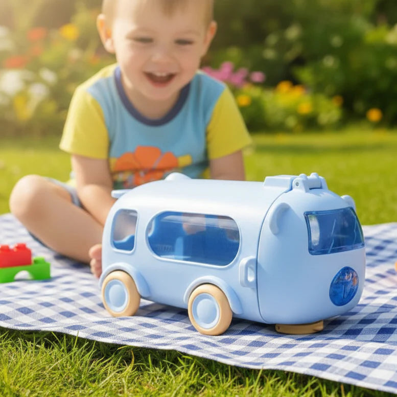 Hunt PK Child playing with a blue toy car on a checkered blanket outdoors.