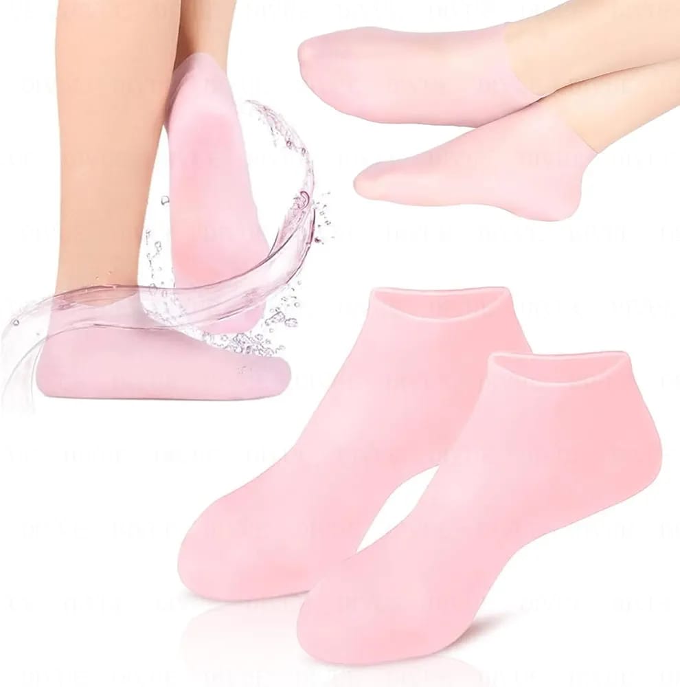 Pink socks with a clear sandal on a white background