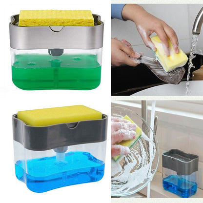 Collage of a kitchen sponge holder with soap dispenser and hands using a sponge. Hunt PK