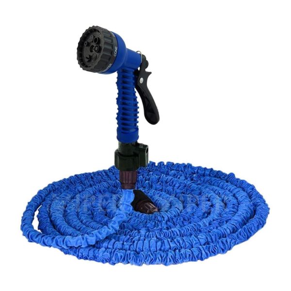 Hunt PK Blue expandable garden hose with a spray nozzle on a white background