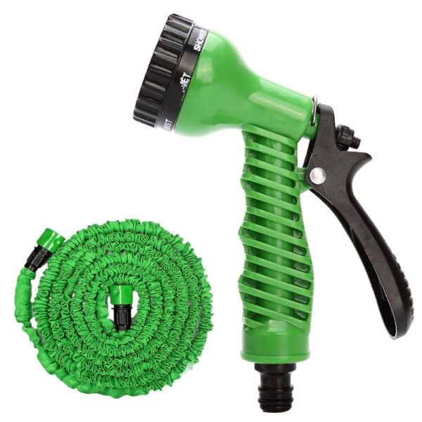 Hunt PK Green garden hose with spray nozzle on a white background