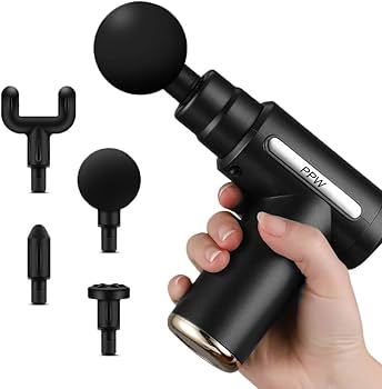 Handheld massage gun with attachments held by a hand on a white background