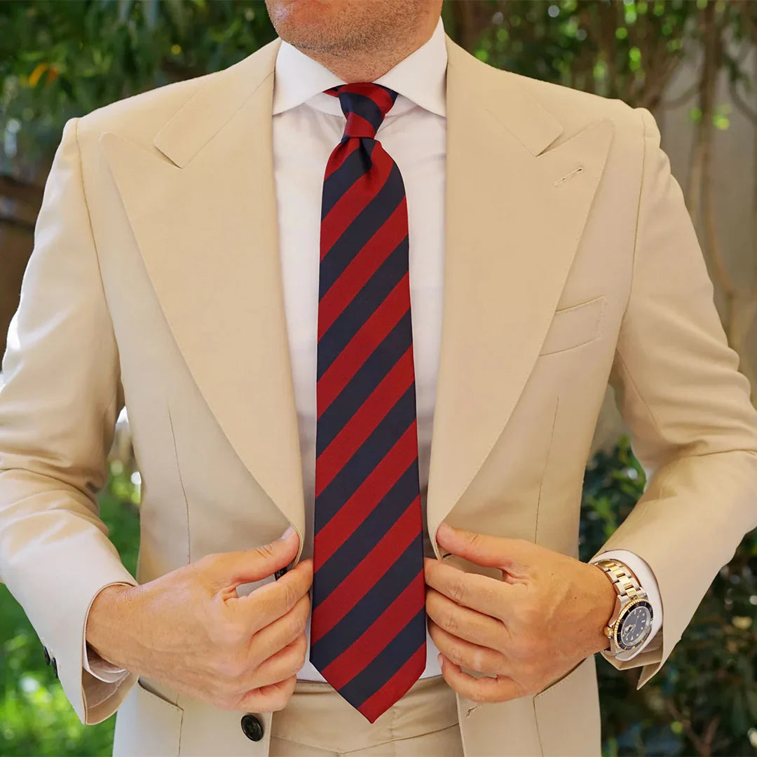 Burgundy & Navy-Blue Stripes Woven Tie & Pocket Square Set | Premium Men’s Formal Striped Tie | Classic Woven Design