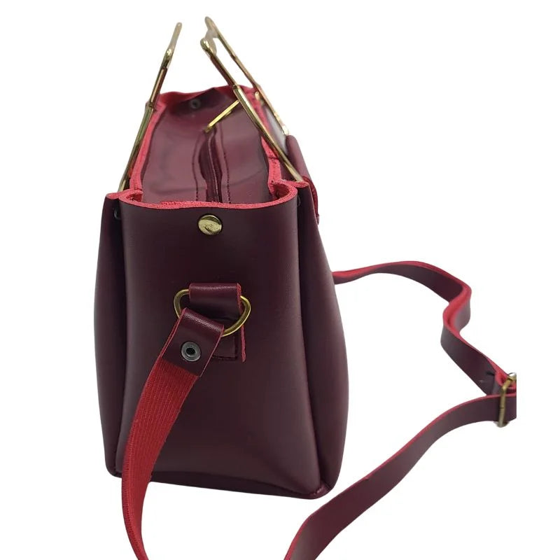 Maroon Elegant Cat Handle Handbag for Girls & Ladies | Stylish Shoulder & Crossbody Bag with Gold Accents | Adjustable Strap