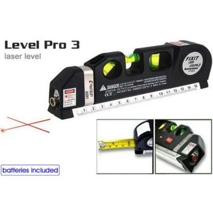 Laser Level Pro 3 Multipurpose Tool | Vertical, Cross Line & Measuring Tape with Rulers