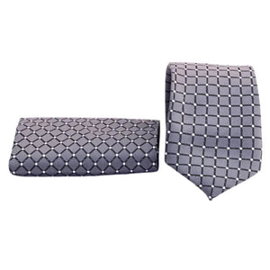 Grid Patterned Silver Tie & Pocket Square Set | Premium Men’s Formal Silver Tie | Classic Grid Design