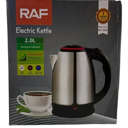 RAF electric kettle packaging with product image and features on a dark background