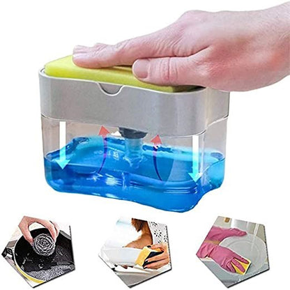Hand holding a cleaning tool with a transparent container filled with blue liquid, surrounded by smaller images of cleaning actions. Soap Dispenser.... Hunt PK