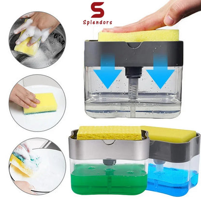 A soap dispenser with a yellow sponge on top, shown with usage insets and blue arrows indicating dispensing. The main product is a clear plastic dispenser with a dark gray top section and a yellow sponge. Hunt PK