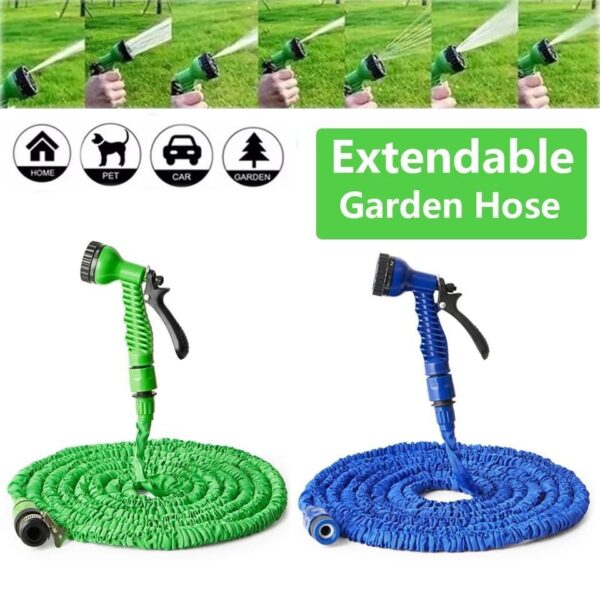 Hunt PK Extendable garden hose with green and blue colors, featuring a nozzle on a white background.