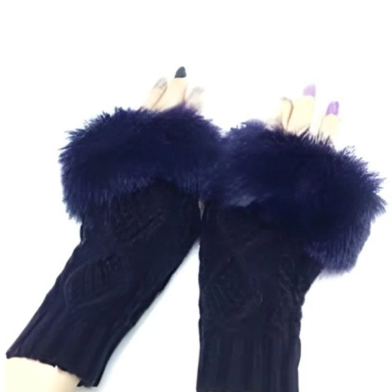 Hunt PK Navy blue fingerless gloves with fur cuffs on a white background