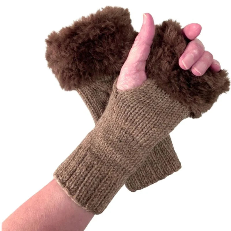 Hunt PK Brown fingerless gloves with fluffy cuffs held up against a white background