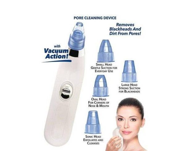 Hunt PK Pore cleaning device with different heads and a woman using it on a white background