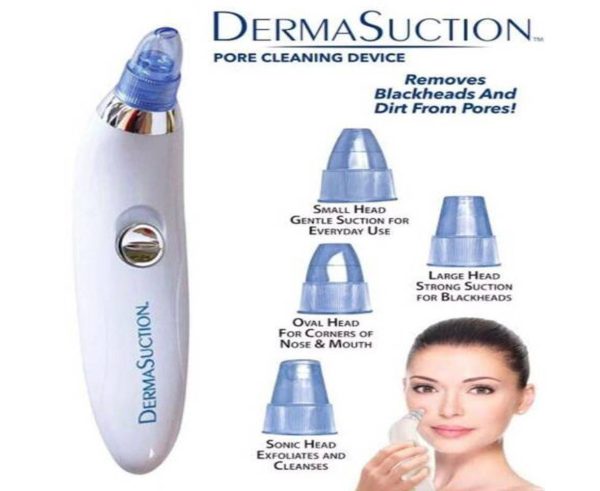 Hunt PK Derma Suction pore cleaning device with attachments and a model using it on a white background.
