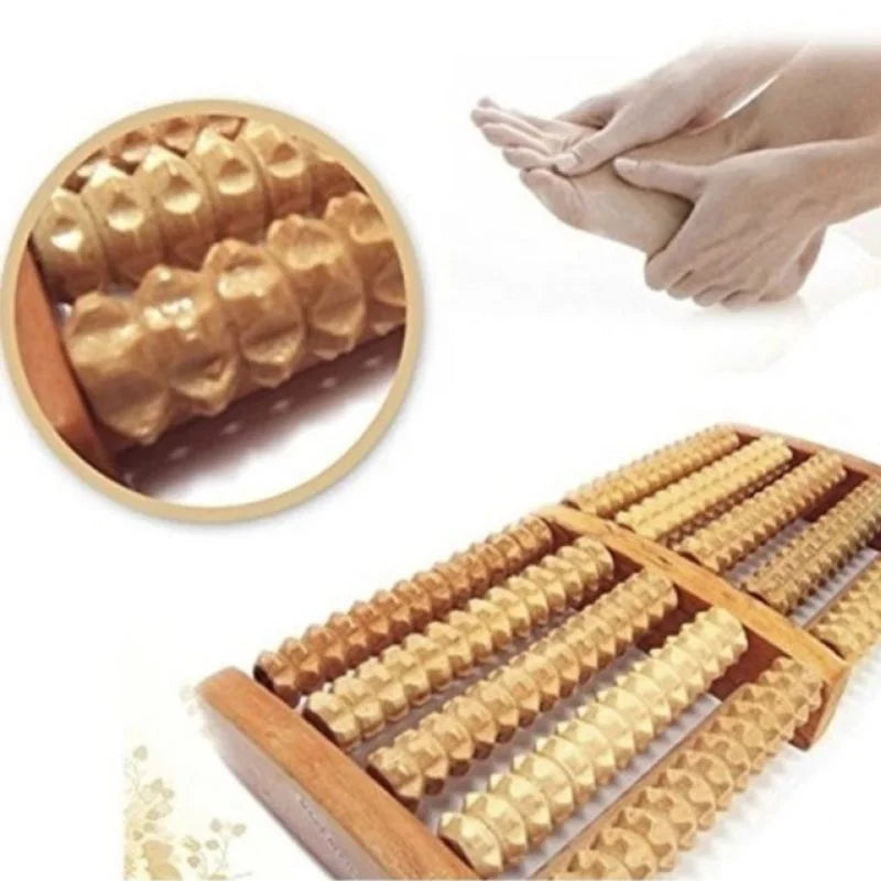 Wooden roller massager with close-up of rollers and hands using it.