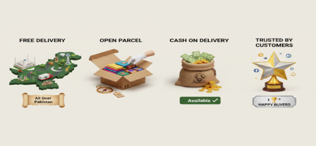 Promotional graphic for a delivery service with various elements like free delivery, open parcel, cash on delivery, and trusted customers.