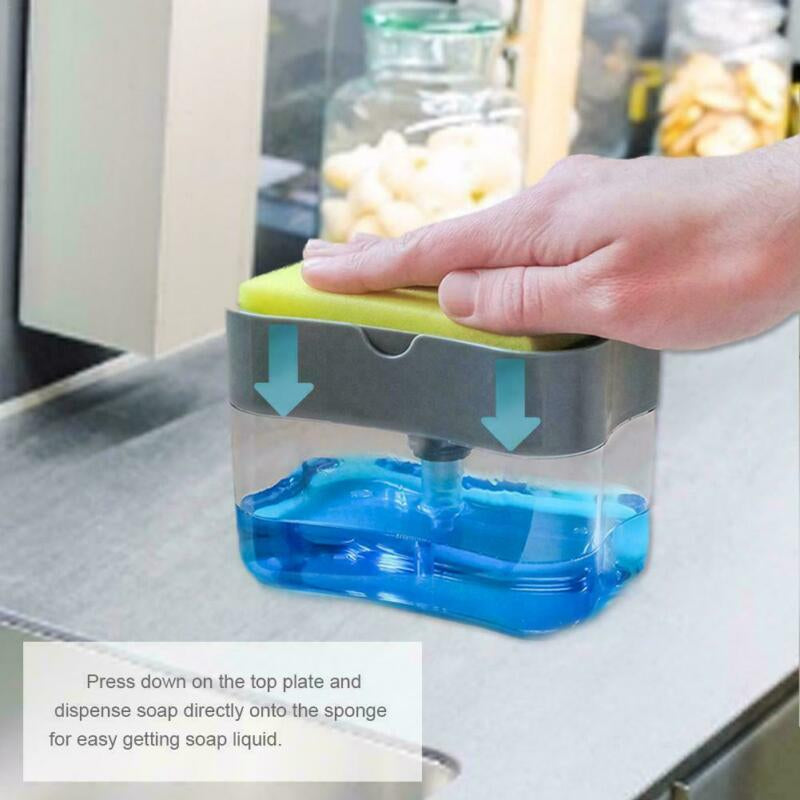 Hand pressing down on a soap dispenser with a sponge, with text instructions. Hunt PK