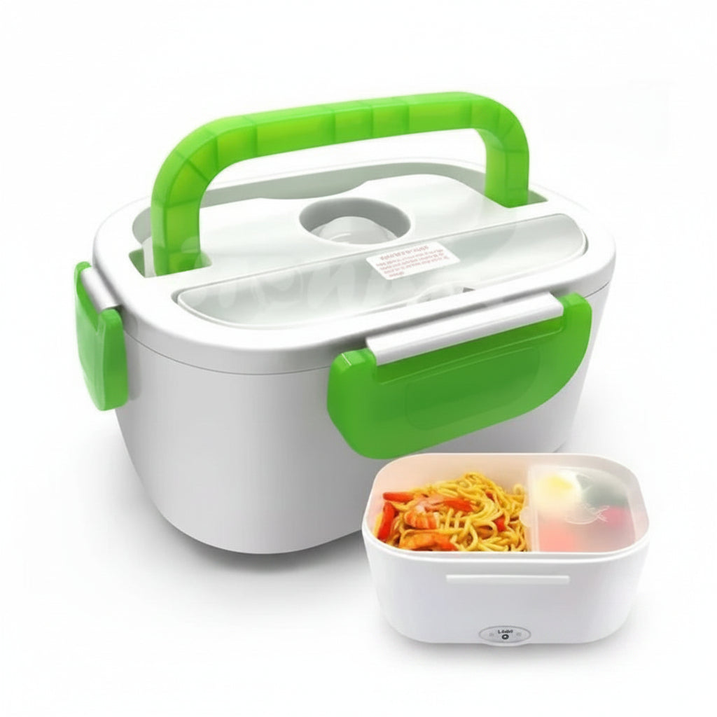 Green and white lunch box with a compartment containing noodles and vegetables on a white background